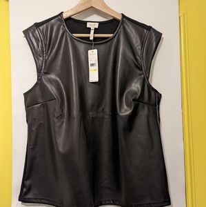 Laundry by Shelli Segal Black faux leather front, cap sleeve T NWT size M